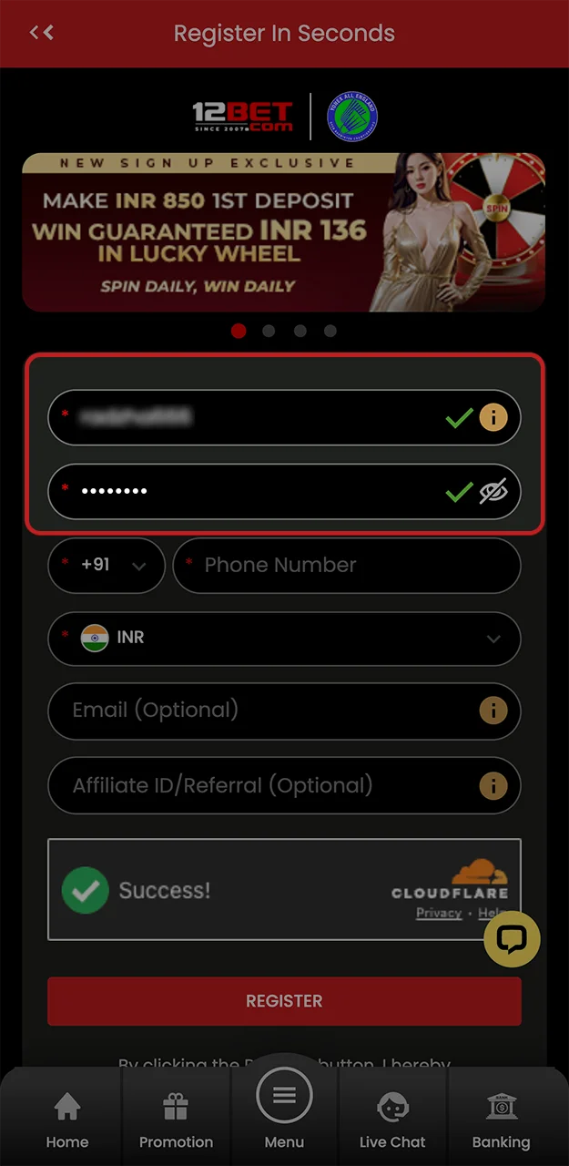 Create a username and password on the 12Bet website.